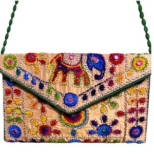 Vintage Maatangi Rainbow Embroidered Elephant Crossbody Bag Boho Folk Art